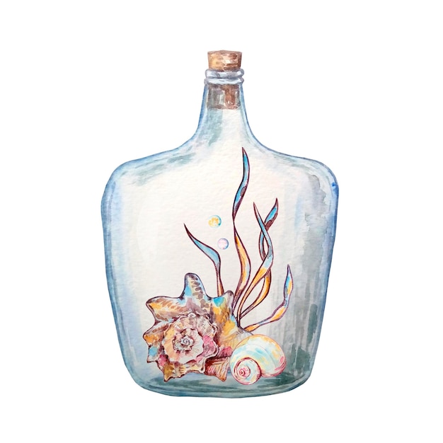 Plik wektorowy akwarela kolorowa ilustracja podwodnego życia w szklanej butelce