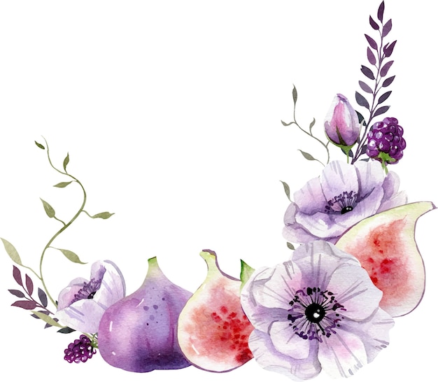 Akwarela Kompozycja Z Biało-fioletowych Kwiatów, Liści I Fig