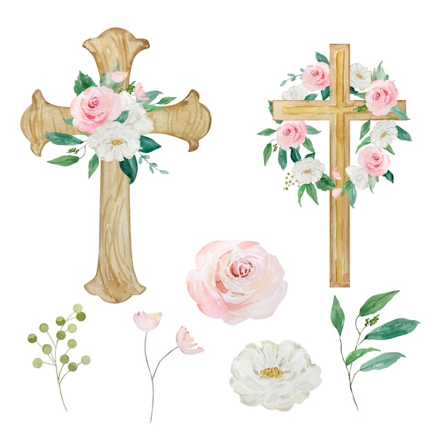 Plik wektorowy akwarela krzyże ozdobione kwiatami wielkanocne symbole religijne
