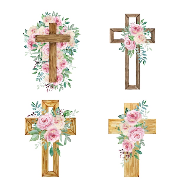 Plik wektorowy akwarela krzyże ozdobione różami wielkanocny symbol religijny