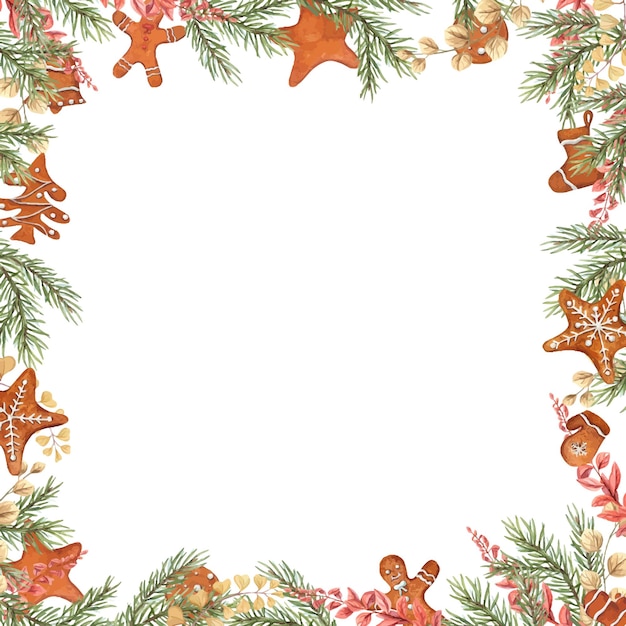 Akwarela kwadratowa ramka świąteczna gałązka świerka pieczywo imbirowe ciasteczka suszone rośliny żółte i terakota zioła imbirowe człowiek gwiazdy Xmas skarpetka rękawiczka igły sosnowe przestrzeń dla tekstu