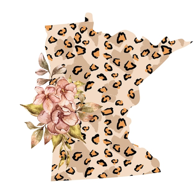 Akwarela kwiatowy Leopard Minnesota mapa ilustracja do druku sublimacyjnego USA