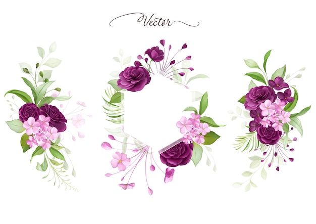 Akwarela kwiatowy rama i elementy aranżacji fioletowych róż