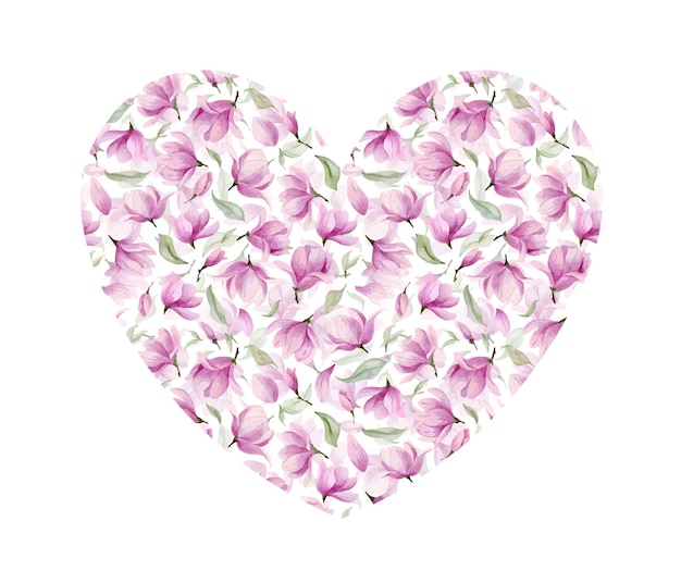 Akwarela kwiatowy serce z różowymi kwiatami i zielonymi liśćmi Ręcznie rysowane ilustracja kwiatowy na zaproszenia ślubne lub projekt Walentynki w kolorach vintage Botaniczne romantyczne tło
