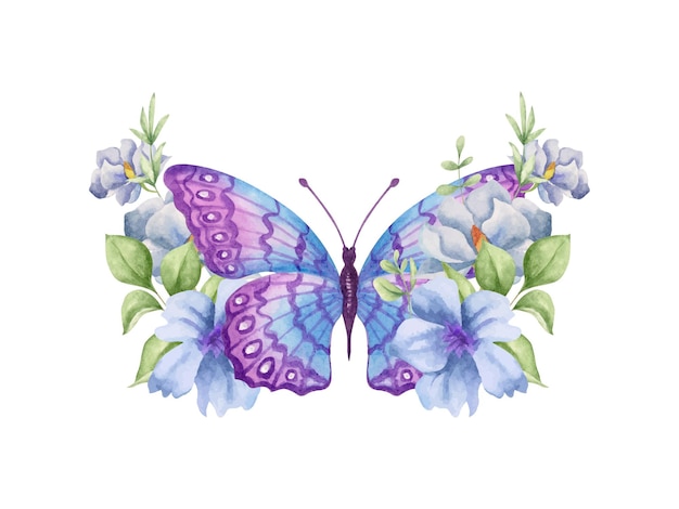 Plik wektorowy akwarela latająca dekoracja motyla z kwiatowym bukietem