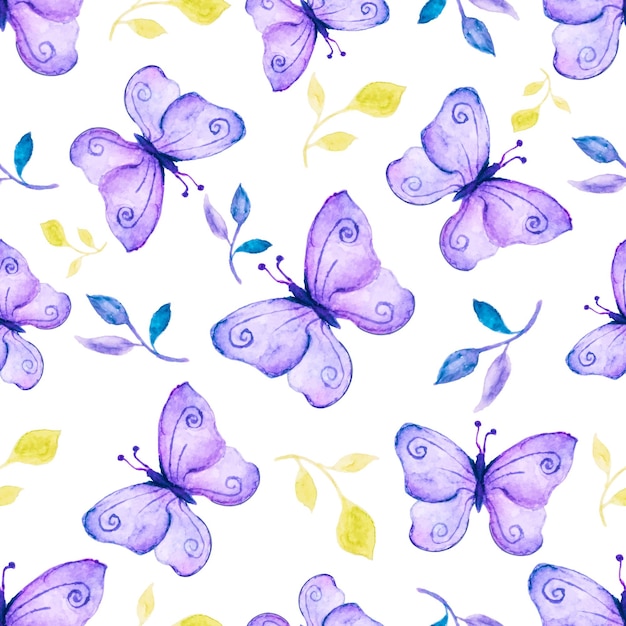akwarela magiczne fioletowe motyle z bezszwowym wzorem liści