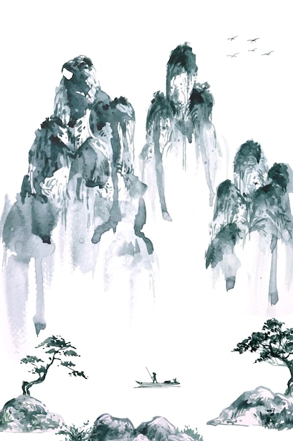 Plik wektorowy akwarela malarstwo pionowej scenerii w orientalnym stylu chińskim.