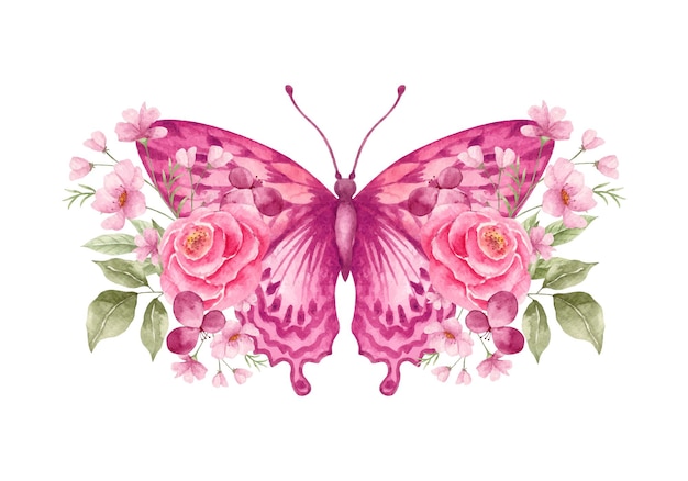 Akwarela motyl z uroczą kwiecistą dekoracją ozdobną