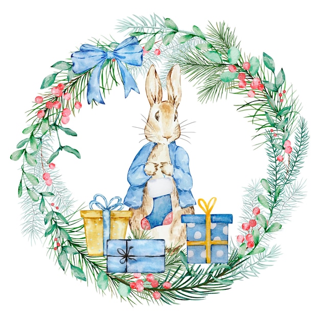 Plik wektorowy akwarela piotruś królik z skarpetą bożonarodzeniową i zimowym wieńcem zieleni