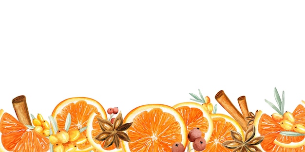 Akwarela plasterek cytrusów z anyżową pomarańczą i rokitnikiem Ręcznie malowana granica z grzanym winem