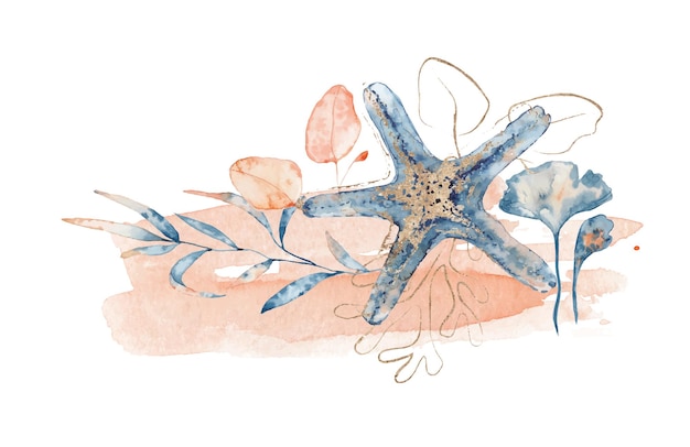 Akwarela podwodny bukiet kwiatowy z koralami i rozgwiazdami, ręcznie rysowane ilustracja morska