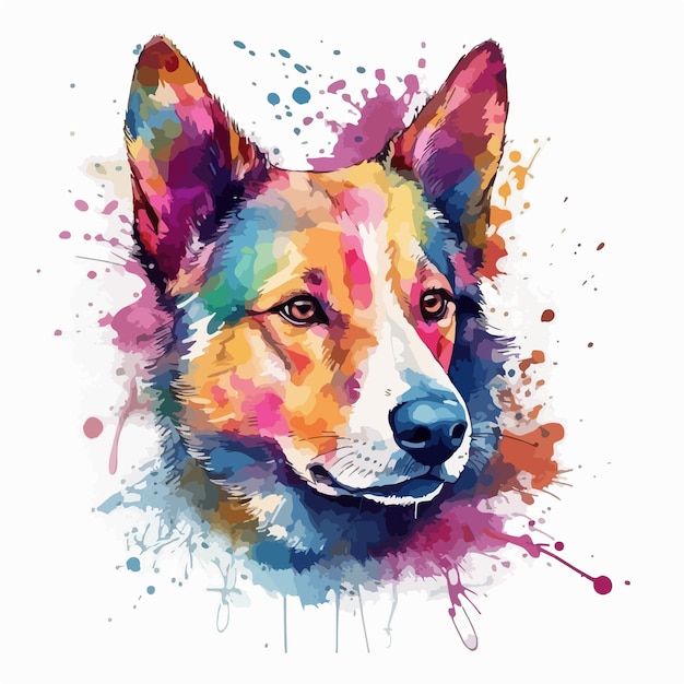 Akwarela portret psa z kolorową twarzą.