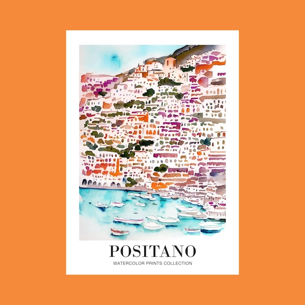 Akwarela Positano Włochy Ilustracja