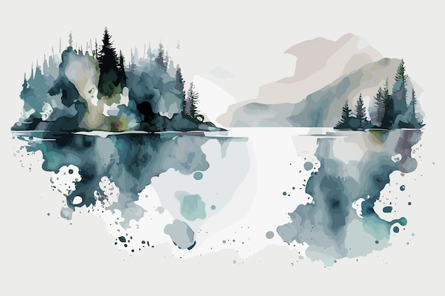 Akwarela przedstawiająca jezioro z drzewami i górami w tle.