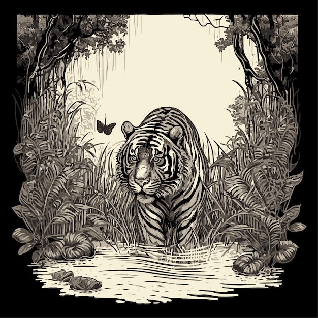 Akwarela przedstawiająca tygrysa na bagnach