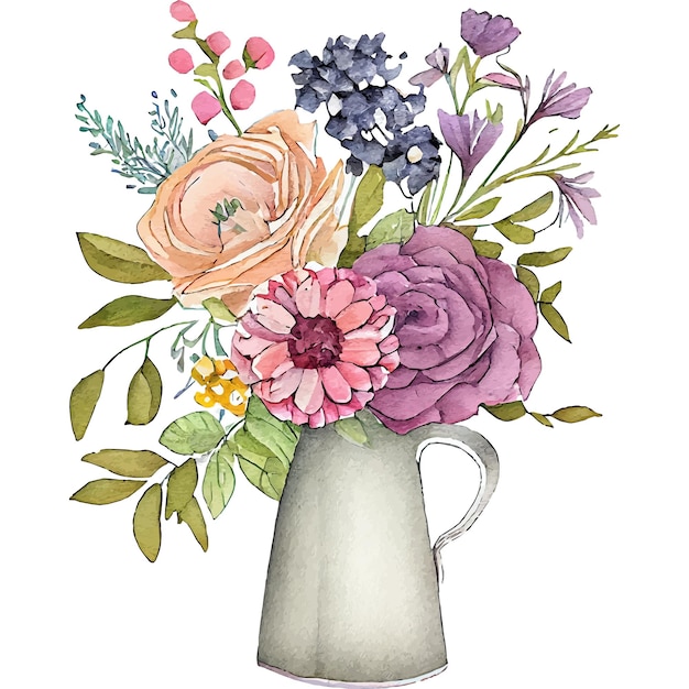 Akwarela przedstawiająca wazon z kwiatami z jagodami i jagodami.