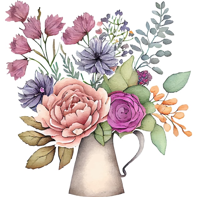 Akwarela przedstawiająca wazon z kwiatami z różowym i fioletowym kwiatem pośrodku.