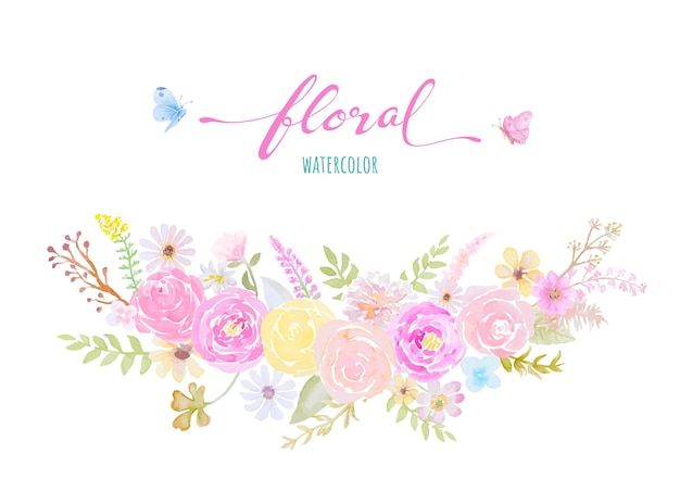 Akwarela Ręcznie Malowana Ilustracja Piękny Kwiat Róży Botaniczny Liść I Motyl Dla Miłości Wesele Walentynki Lub Aranżacja Karty Z Pozdrowieniami.
