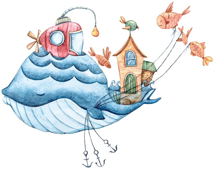 Wektor akwarela ręcznie malowany wektor wieloryb clipart ilustracja kreskówka postać do druku dla dzieci