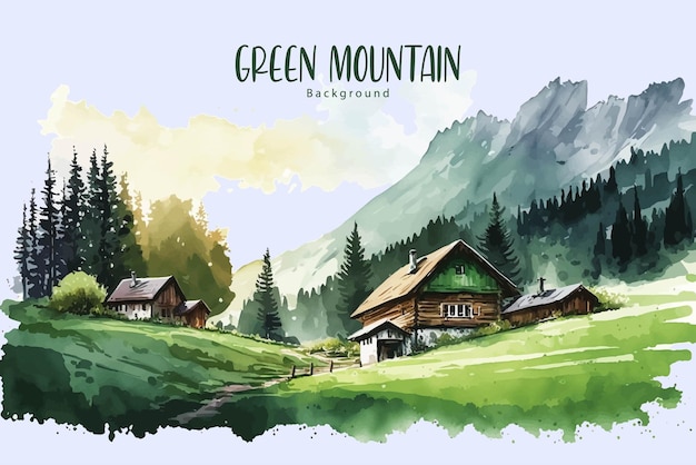 Akwarela Ręcznie Rysowana Ilustracja Górskiego Krajobrazu Z Zieloną Górą I Lasem