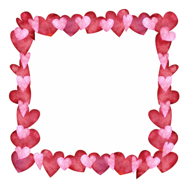 Plik wektorowy akwarela ręcznie rysowane kwadratowa ramka czerwonych różowych i fioletowych serc na walentynki izolowany na białym tle projekt papieru miłość kartki z życzeniami tekstylny druk tapety ślub