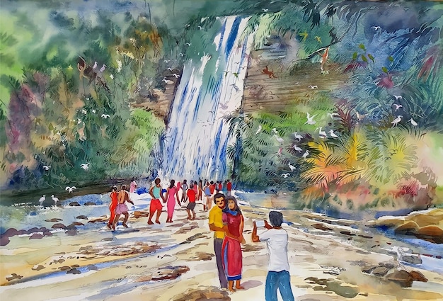 Akwarela Ręcznie Rysowane Malowanie Ludzi Pod Ilustracją Wodospadu