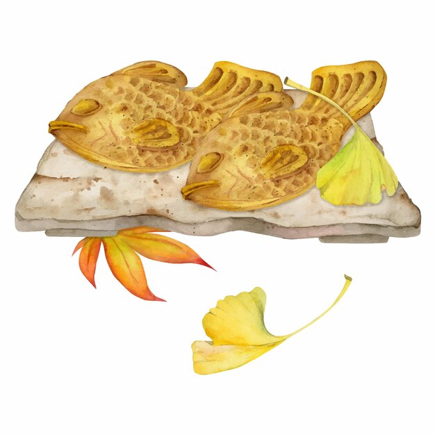 Plik wektorowy akwarela ręcznie rysowane tradycyjne japońskie słodycze naczynie ceramiczne taiyaki jesienne liście klonu izolowany na białym tle projekt zaproszenia menu restauracji kartki z życzeniami druk tekstylny