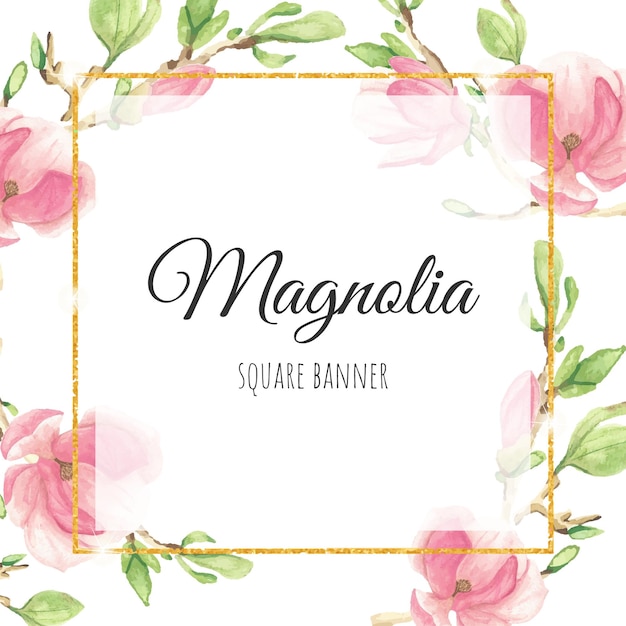 Akwarela Różowa Magnolia Gałąź Z Kwadratową Ramką Złoty Brokat
