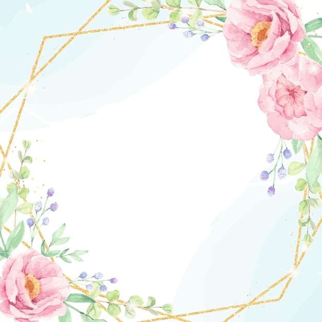 Plik wektorowy akwarela różowy bukiet kwiatów piwonii wieniec ze złotą ramą brokatową kwadratową kartą z zaproszeniem na ślub lub banerem