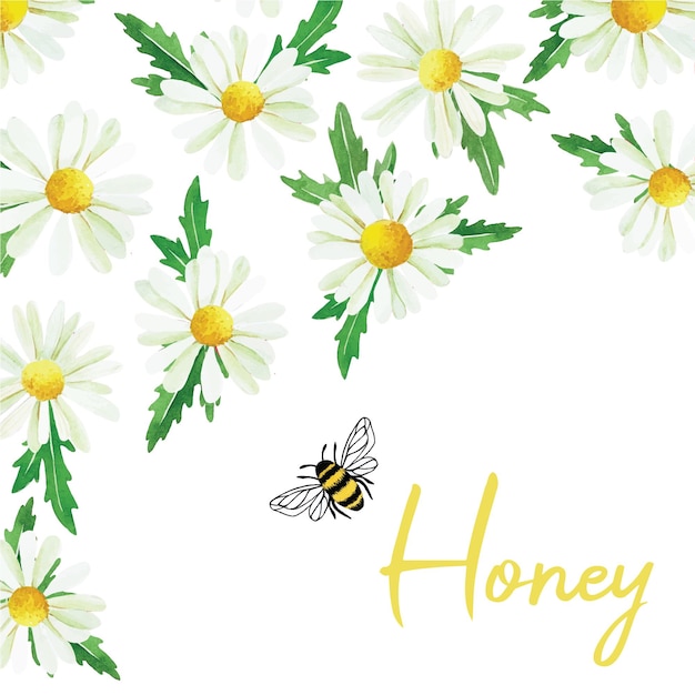 akwarela rysunek pocztówka plakat na temat pszczelarstwa pszczoły miód słodka pszczoła i rumianek