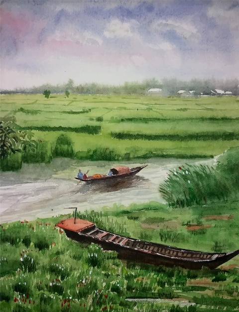 Plik wektorowy akwarela, rysunek zielone pole, jezioro i łódź ilustracja