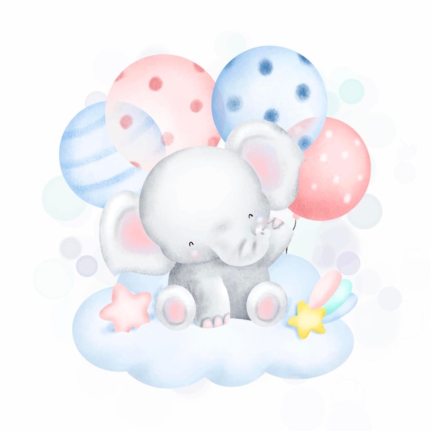Akwarela Słodki Słoń I Balon Siedzący Na Chmurze