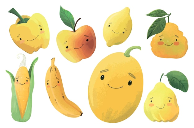 Akwarela Słodkie żółte Owoce Kawai Baby Clipart