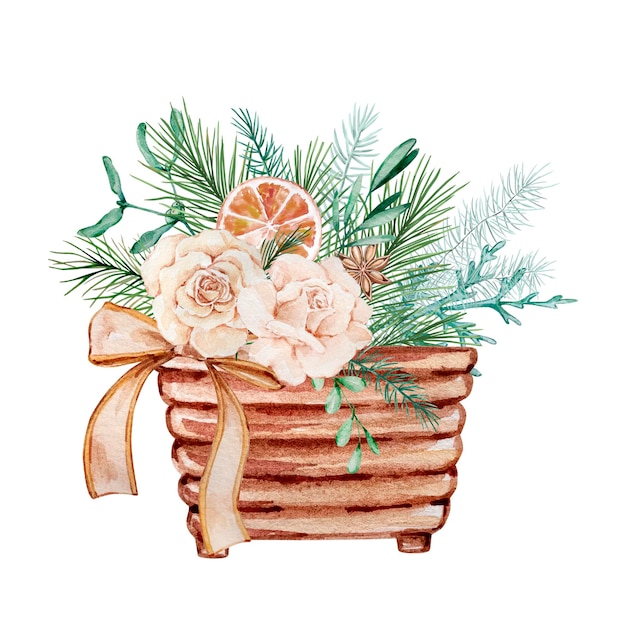 Plik wektorowy akwarela świąteczna kompozycja, drewniane pudełko z bukietem zimowej zieleni i kwiatów