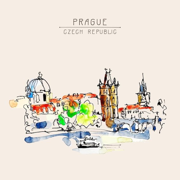 Plik wektorowy akwarela szkic odręczny, rysunek z góry praga czechy do podróży książka lub plakat, ilustracja wektorowa aquarelle malarstwo