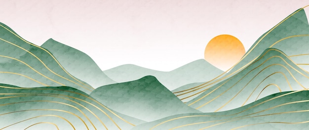 Plik wektorowy akwarela tło z górami wzgórz i słońce w odcieniach zieleni w orientalnym stylu baner sztuki krajobrazu ze złotymi liniami dekoracji do druku tapety do wnętrz