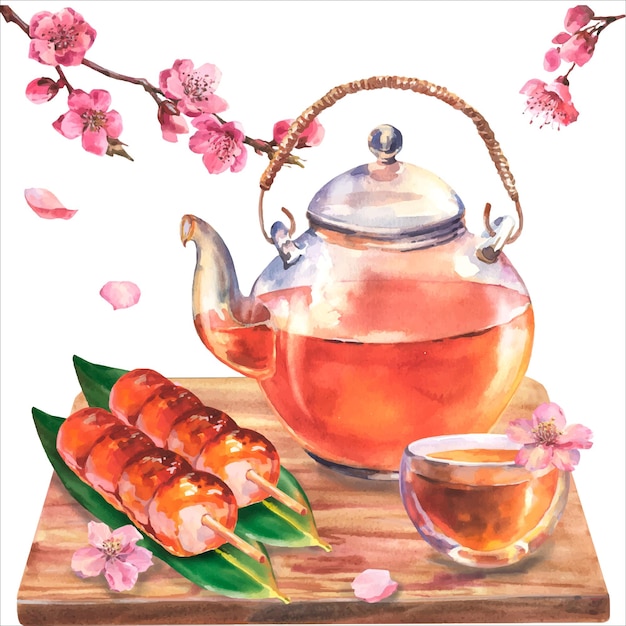 Plik wektorowy akwarela transporant czajniczek, filiżanka herbaty, dango na liściach nory na desce i gałęzi sakura.