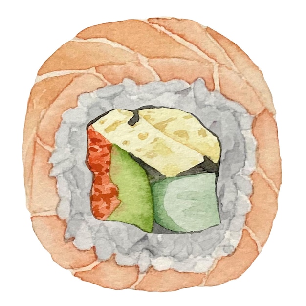 Akwarela uramaki sushi i bułka z łososiem i tamago widok z góry na białym tle