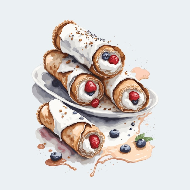 Akwarela Wektor Cannoli Ciasto Clipart Edytowalne Białe Tło