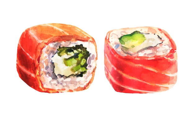 Plik wektorowy akwarela wektor ilustracja zestaw sushi maki philadelphia z twarogiem i szczypiorkiem.