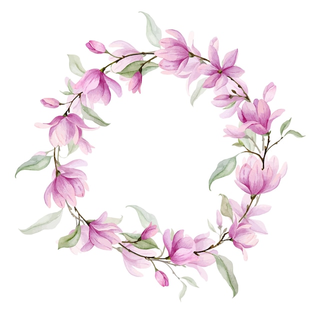 Plik wektorowy akwarela wieniec z różowymi kwiatami i zielonymi liśćmi ręcznie rysowana ilustracja ramki koła z magnolią lub różą na odosobnionym tle botaniczna granica kart okolicznościowych lub zaproszeń ślubnych