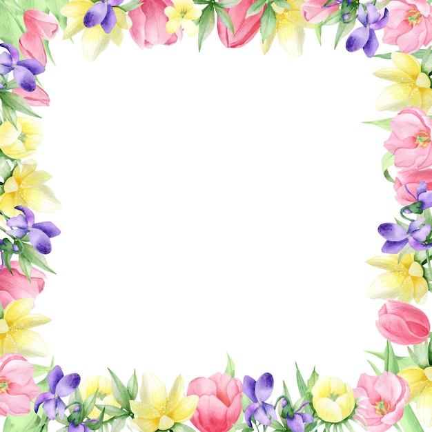 Akwarela wiosenne kwiaty na białym tle, kwadratowa ramka