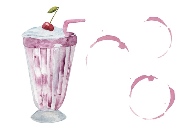 Akwarela wiśniowy koktajl mleczny z realistycznymi różowymi wiśniowymi pierścieniami kubka