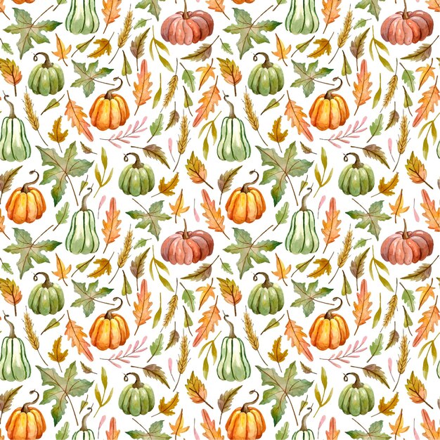 Plik wektorowy akwarela wzór na temat jesieni z dyniami i liśćmi ilustracja z kolorowymi dyniami