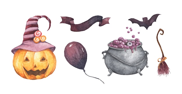 Akwarela zestaw Halloween. Wakacyjna ilustracja dyni, kocioł czarownicy, miotła, balon, wstążka.