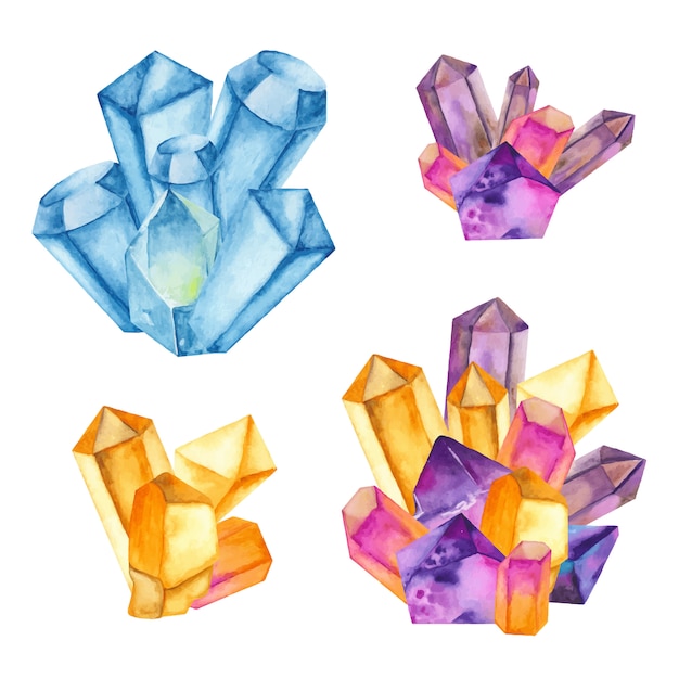Akwarela zestaw kolorowych kryształów