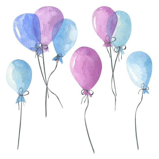 Akwarela zestaw niebieskich i fioletowych balonów