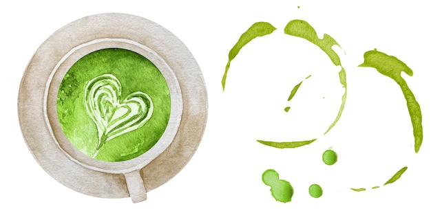 Akwarela Zielona Herbata Matcha Latte Z Piankową Grafiką W Brązowym Kubku Kubek Matcha Latte Z Góry