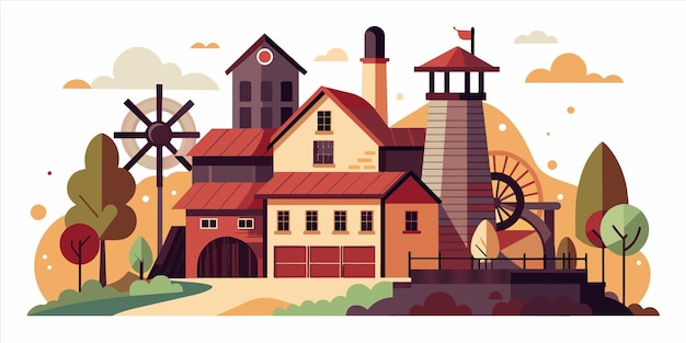 Plik wektorowy akwareliczna ilustracja farmy z wiatrakiem na tle