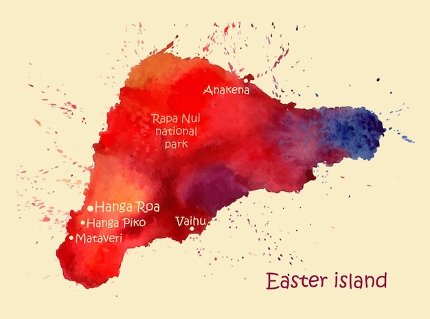Akwarelowa mapa Wyspy Wielkanocnej z miejscowościami Stylizowany wizerunek z plamami i plamami farby